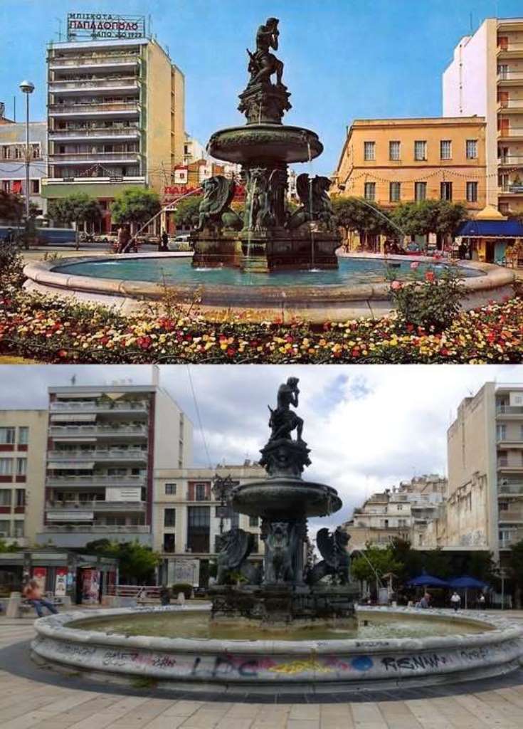 πλατεία Γεωργίου, συντριβάνι, λουλούδια, γκράφιτι, δημόσιος χώρος, αναβάθμιση, παρακμή, αισθητική, παρελθόν, σήμερα, φωτογραφία, ανανέωση, χώρος συνάντησης, περιοχή, περιβάλλον, αστική αναζωογόνηση, κοινωνική αλλαγή, φροντίδα, κοινότητα, ανάπτυξη
