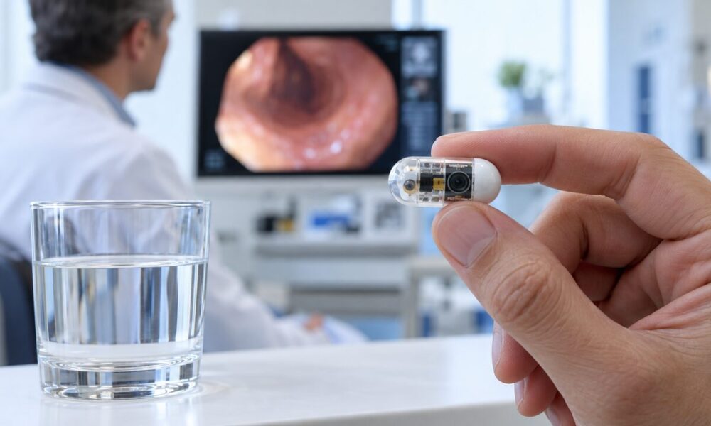 Το PillBot, ένα καταπόσιμο ρομποτικό χάπι με κάμερα, δίπλα σε ποτήρι νερό