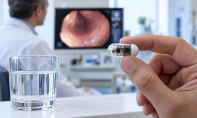 Το PillBot, ένα καταπόσιμο ρομποτικό χάπι με κάμερα, δίπλα σε ποτήρι νερό