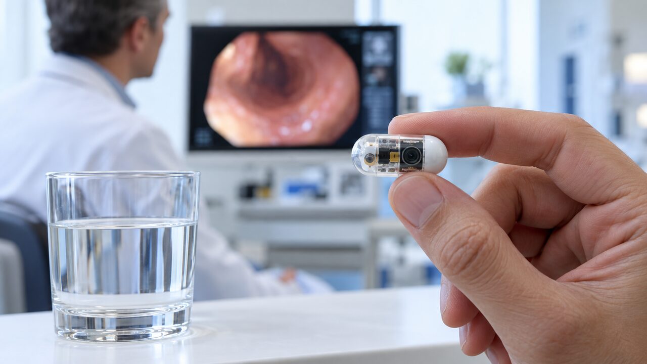 Το PillBot, ένα καταπόσιμο ρομποτικό χάπι με κάμερα, δίπλα σε ποτήρι νερό