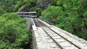Συρμός τρένου κινείται σε γεφύρι πάνω από σιδηροδρομική γραμμή σε ορεινή δασική περιοχή