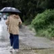 Άτομο με ομπρέλα και αδιάβροχο περπατά σε βρεγμένο πεζοδρόμιο υπό βροχή