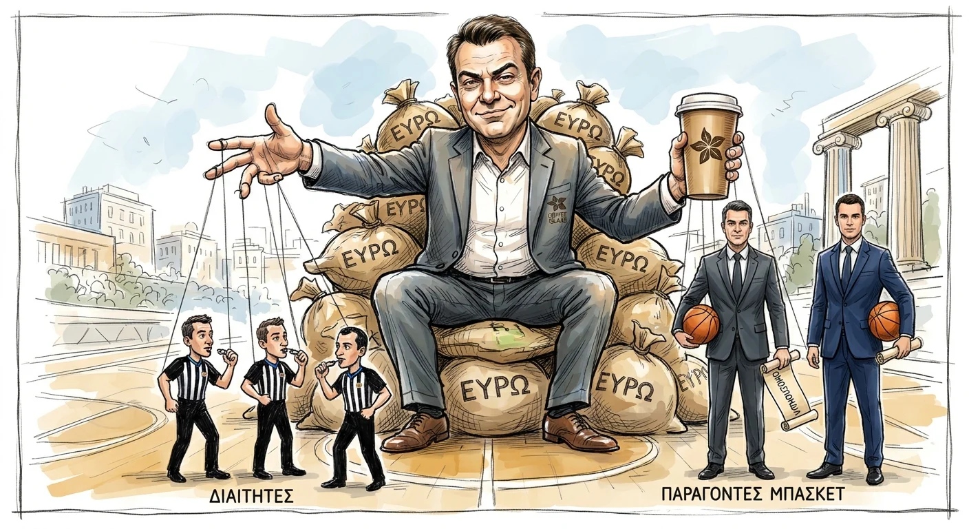 Σκιτσαρισμένη εικόνα με άνδρα να κάθεται σε σωρό από σακούλες χρημάτων, κρατώντας ποτήρι καφέ, πλαισιωμένο από φιγούρες και διαιτη