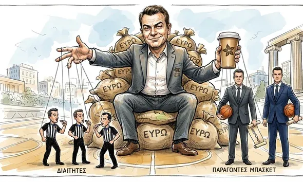 Σκιτσαρισμένη εικόνα με άνδρα να κάθεται σε σωρό από σακούλες χρημάτων, κρατώντας ποτήρι καφέ, πλαισιωμένο από φιγούρες και διαιτη