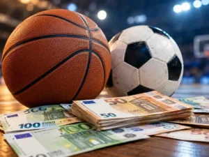 Μπάλα μπάσκετ, μπάλα ποδοσφαίρου και χαρτονομίσματα ευρώ σε ξύλινη επιφάνεια.
