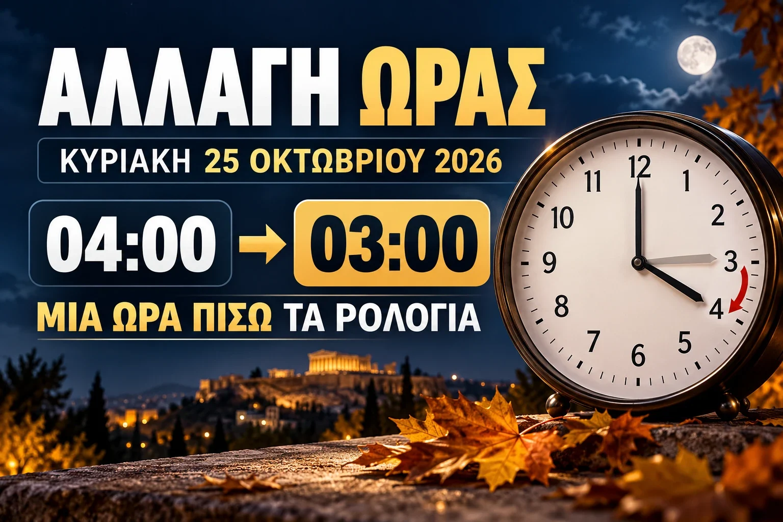 Ρολόι σε νυχτερινό τοπίο με φεγγάρι και φθινοπωρινά φύλλα, με γραφικά για αλλαγή ώρας