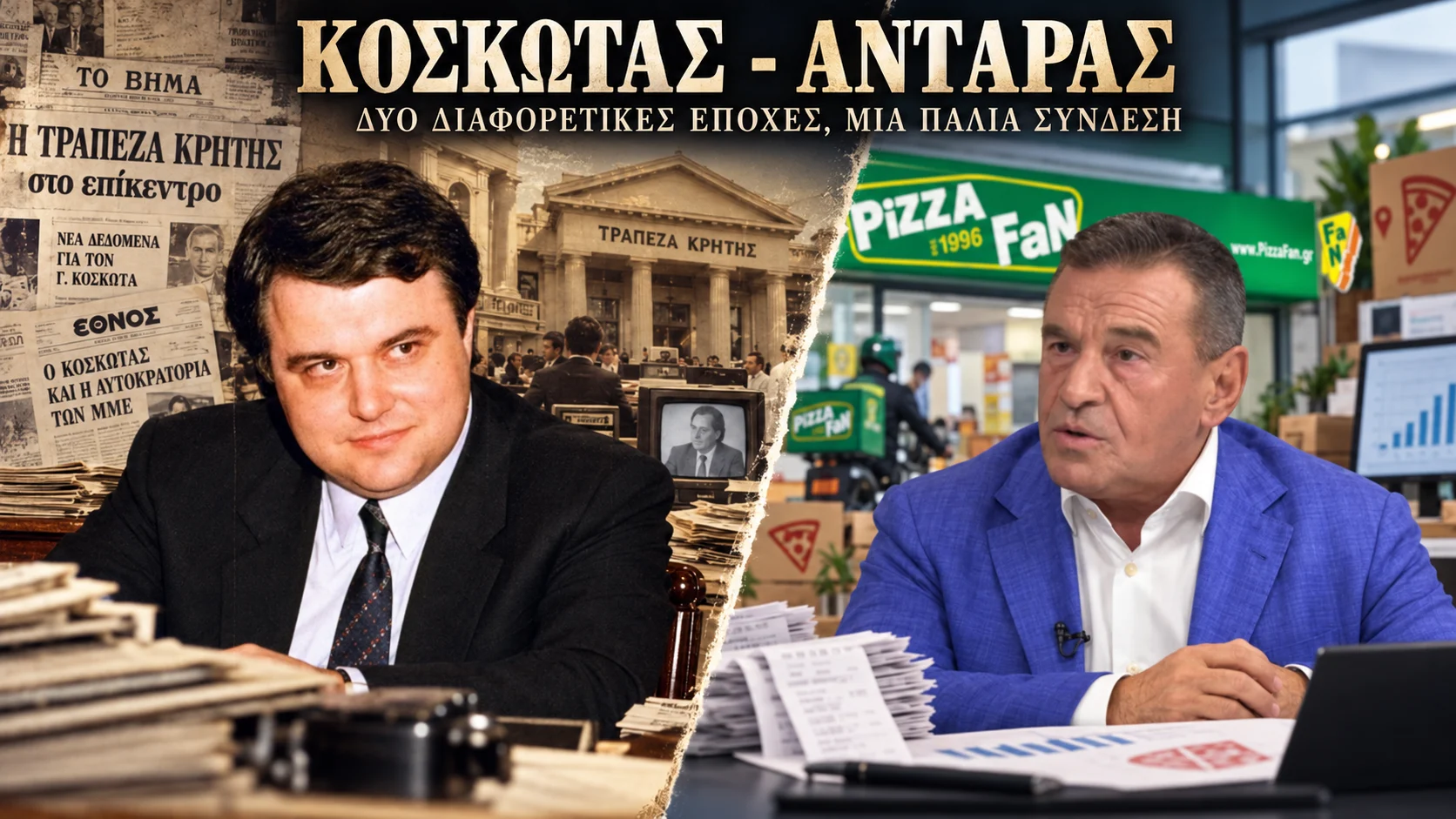 Φωτογραφία σύνθεσης με δύο άντρες, παλαιές εφημερίδες, κτίριο τράπεζας και επιγραφή καταστήματος εστίασης.