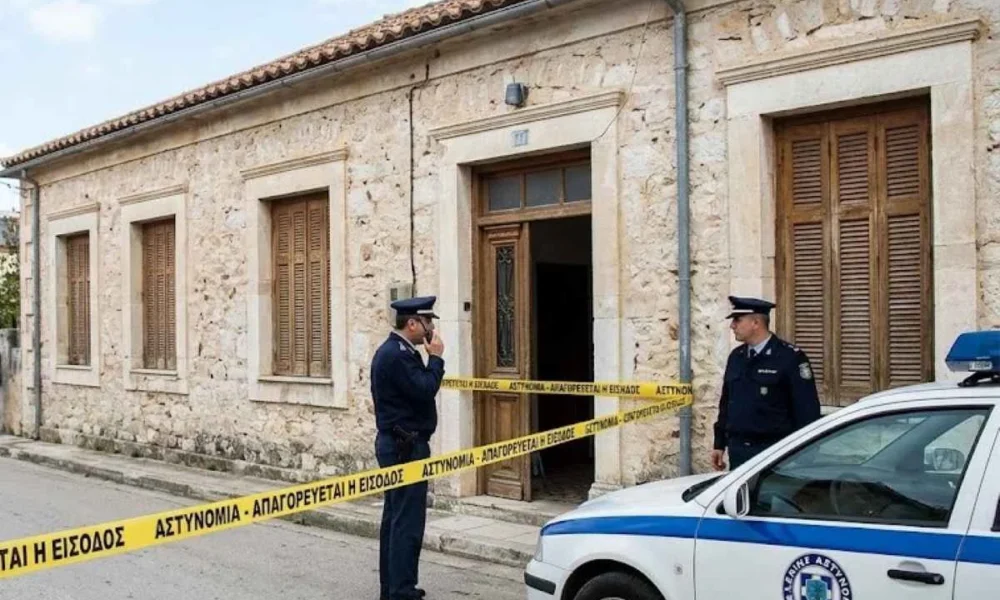 Αστυνομικοί έξω από πέτρινο κτήριο με κορδέλα αποκλεισμού και περιπολικό