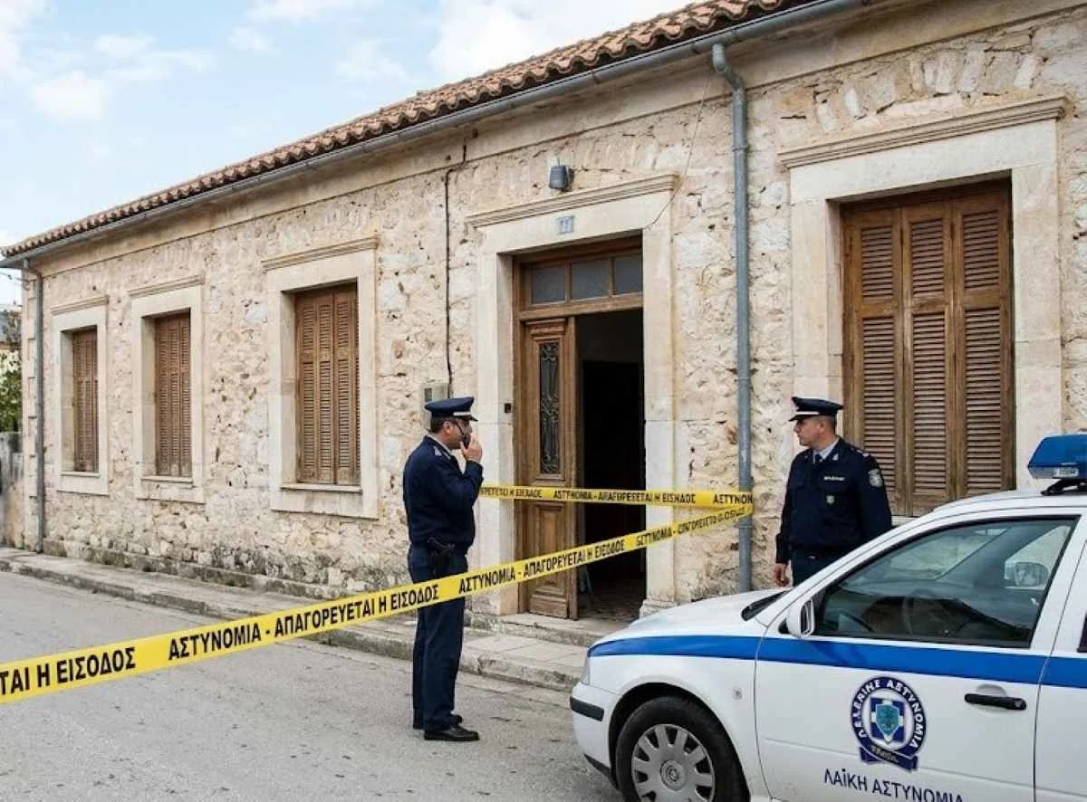 Αστυνομικοί έξω από πέτρινο κτήριο με κορδέλα αποκλεισμού και περιπολικό