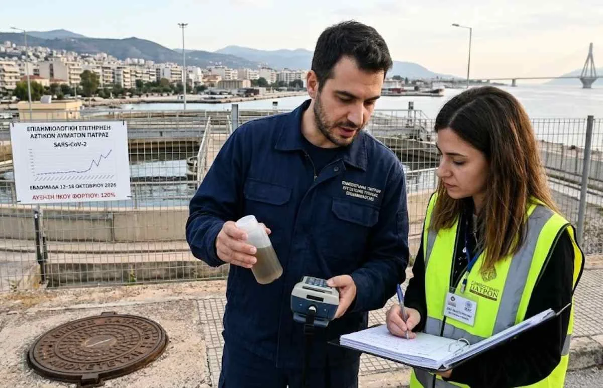 Δύο άτομα σε εξωτερικό χώρο με εγκαταστάσεις επεξεργασίας, κρατούν μπουκάλι με δείγμα και σημειωματάριο.