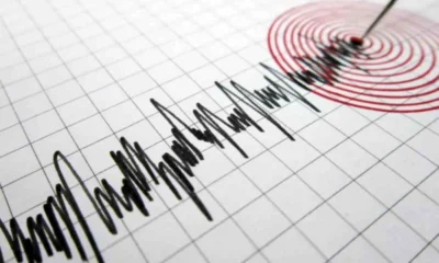 Σεισμογράφημα σε χαρτί με γραμμές καταγραφής και κόκκινους ομόκεντρους κύκλους