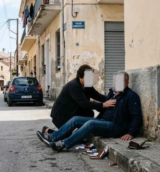 Άτομο καθισμένο στο πεζοδρομίο δίπλα σε ανοιχτά πορτοφόλια και αντικείμενα, ενώ άλλο άτομο σκύβει πάνω του σε δρόμο.