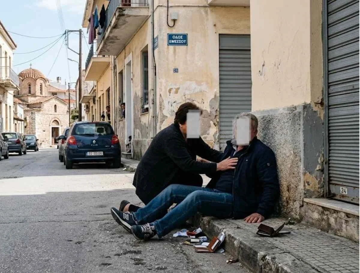 Άτομο καθισμένο στο πεζοδρομίο δίπλα σε ανοιχτά πορτοφόλια και αντικείμενα, ενώ άλλο άτομο σκύβει πάνω του σε δρόμο.
