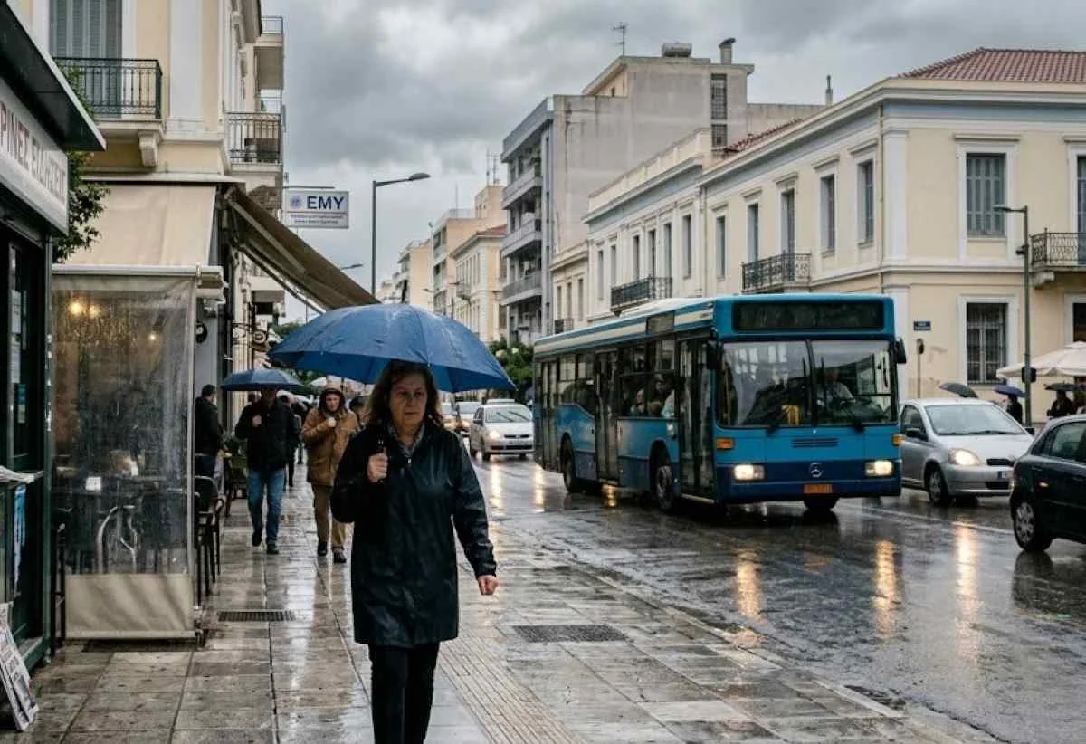 Άνθρωποι με ομπρέλες περπατούν σε βρεγμένο δρόμο πόλης δίπλα σε λεωφορείο και αυτοκίνητα υπό συννεφιά