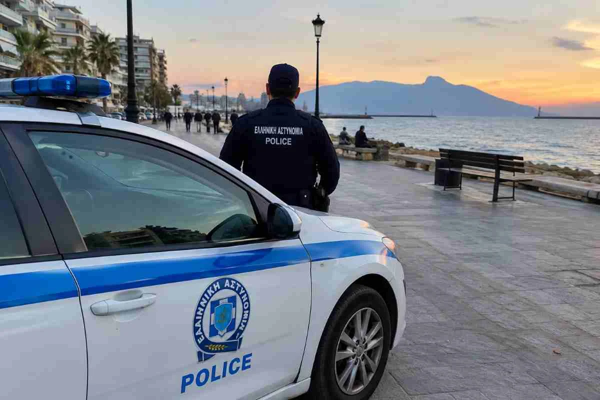 Περιπολικό της αστυνομίας σταθμευμένο σε παραλιακό πεζόδρομο την ώρα του ηλιοβασιλέματος, με αστυνομικό σε κοντινή απόσταση.