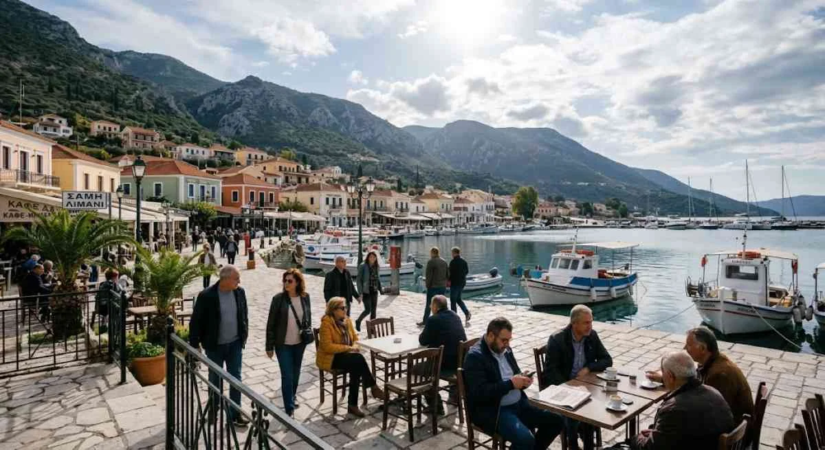Άποψη παραλιακού οικισμού με σκάφη στο λιμάνι και άτομα σε τραπεζάκια καφετέριας.