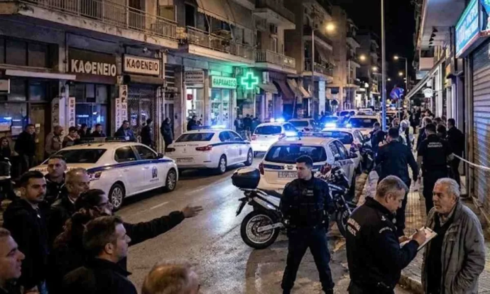 Νυχτερινή άποψη δρόμου με αστυνομικά οχήματα, μοτοσικλέτες και συγκεντρωμένο πλήθος