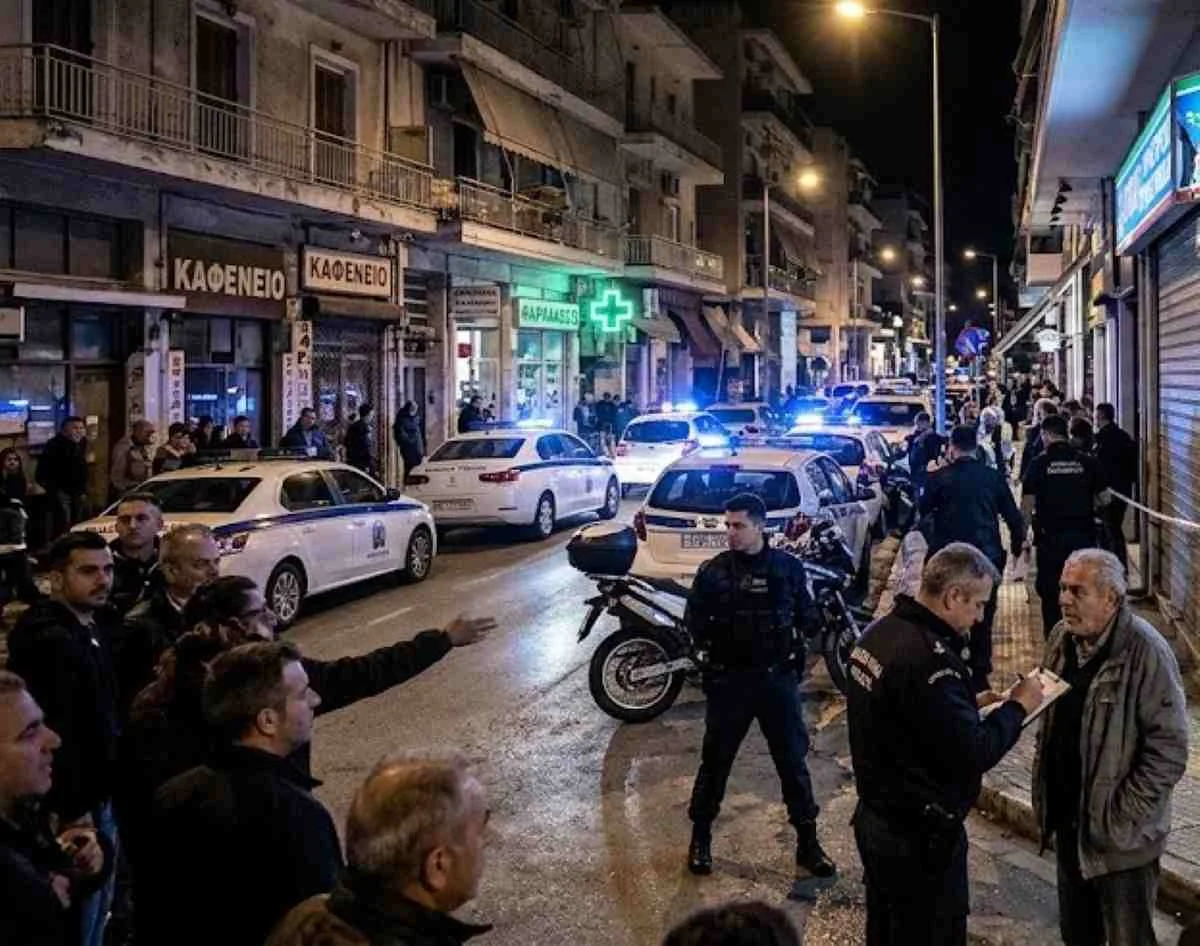 Νυχτερινή άποψη δρόμου με αστυνομικά οχήματα, μοτοσικλέτες και συγκεντρωμένο πλήθος