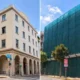 Δύο όψεις του ίδιου πολυώροφου κτιρίου, η μία ανοιχτόχρωμη και η άλλη καλυμμένη με πράσινο προστατευτικό δίχτυ.