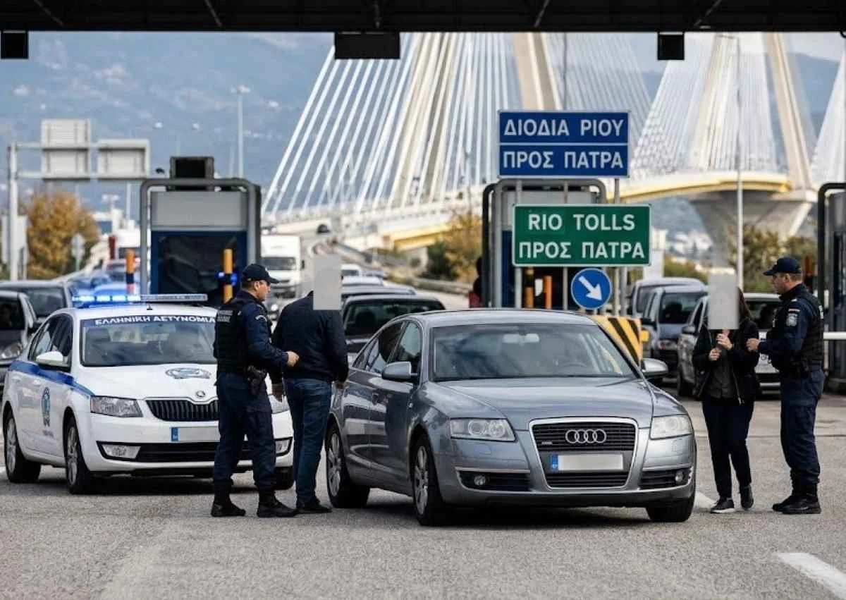 Αστυνομικοί σε έλεγχο οχήματος στα διόδια.