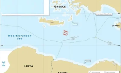 Χάρτης της Ανατολικής Μεσογείου με τις ακτές της Ελλάδας, της Λιβύης, της Τουρκίας, της Αιγύπτου και της Κύπρου
