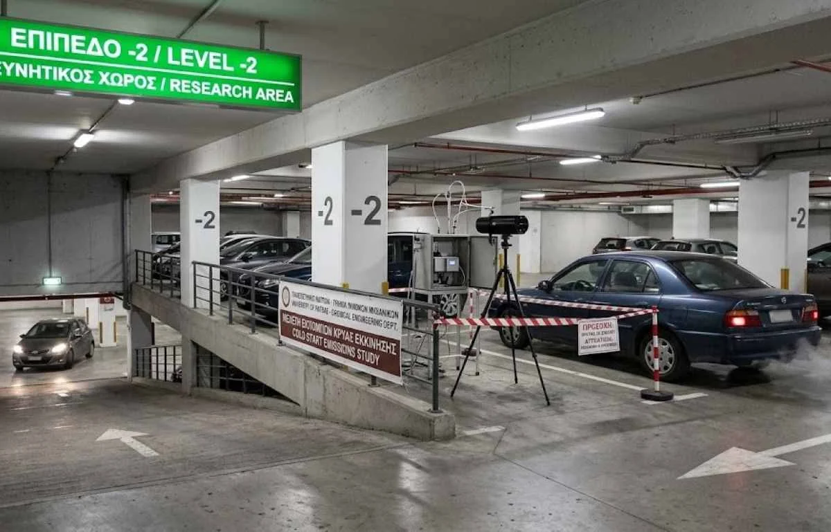 Υπόγειος χώρος στάθμευσης με σταθμευμένα αυτοκίνητα, επιστημονικό εξοπλισμό και πινακίδα σήμανσης.