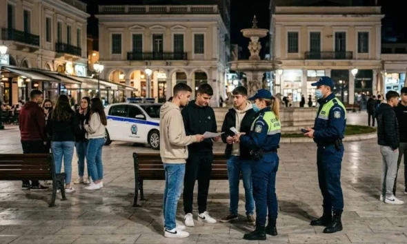 Αστυνομικοί πραγματοποιούν ελέγχους σε ομάδα νεαρών σε κεντρική πλατεία με σιντριβάνι.