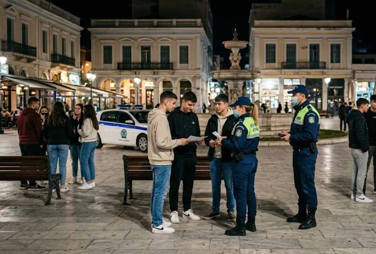 Αστυνομικοί πραγματοποιούν ελέγχους σε ομάδα νεαρών σε κεντρική πλατεία με σιντριβάνι.
