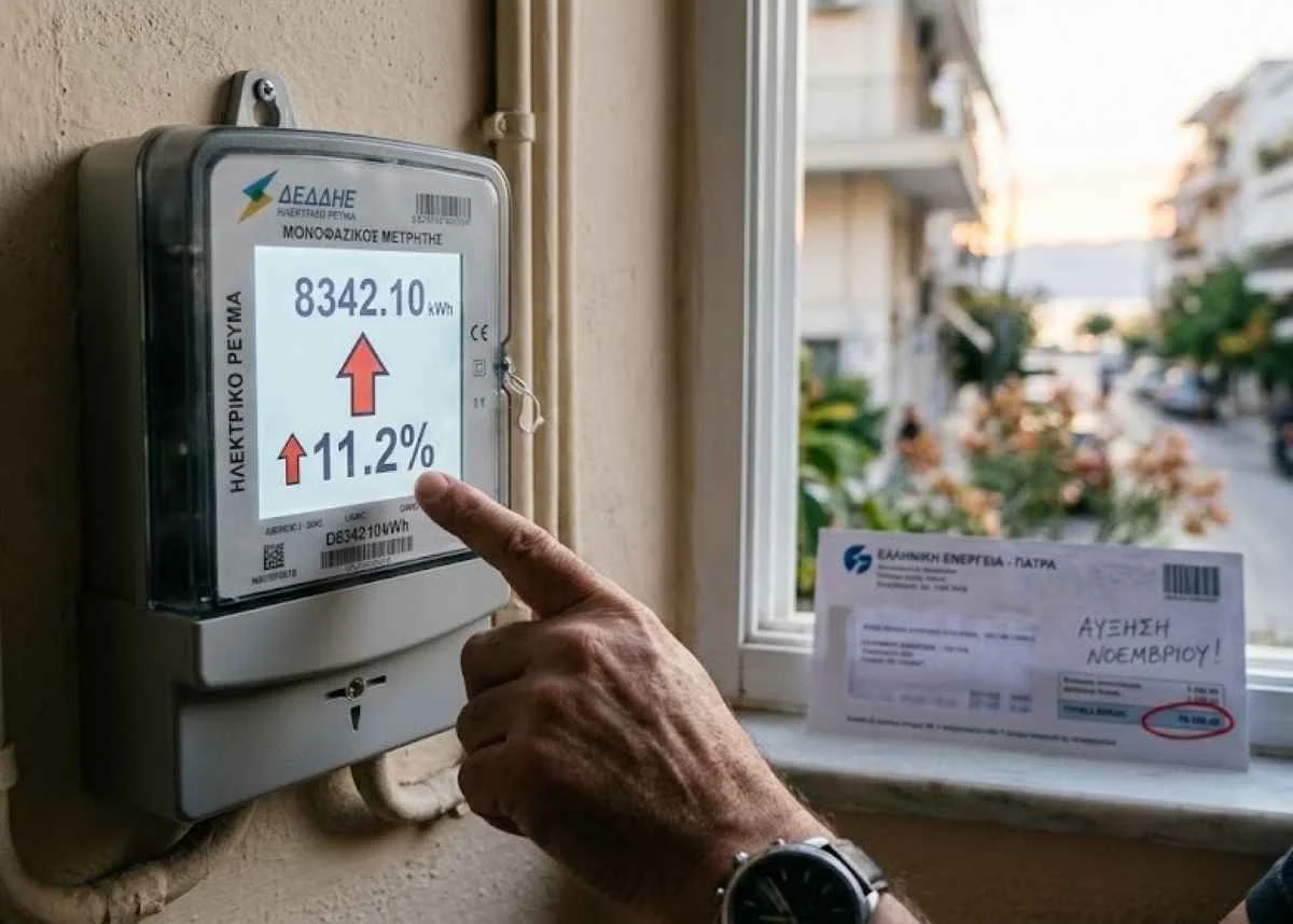 Χέρι αγγίζει ψηφιακό μετρητή ρεύματος που δείχνει κόκκινο βέλος και ποσοστό ανόδου, δίπλα σε λογαριασμό.