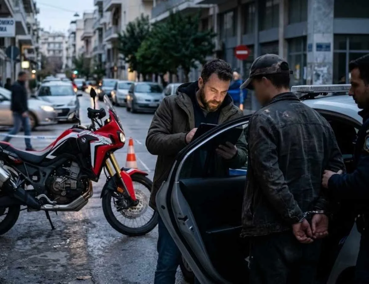 Άνδρας με χειροπέδες δίπλα σε περιπολικό και μοτοσικλέτα σε δρόμο πόλης