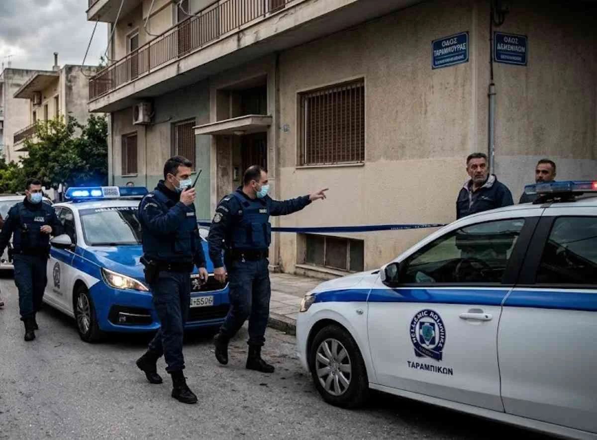 Αστυνομικές δυνάμεις και περιπολικά έξω από πολυκατοικία σε δρόμο.