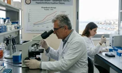 Επιστήμονες με λευκές ποδιές και γάντια εργάζονται σε εργαστήριο πάνω σε μικροσκόπιο και δοκιμαστικούς σωλήνες.