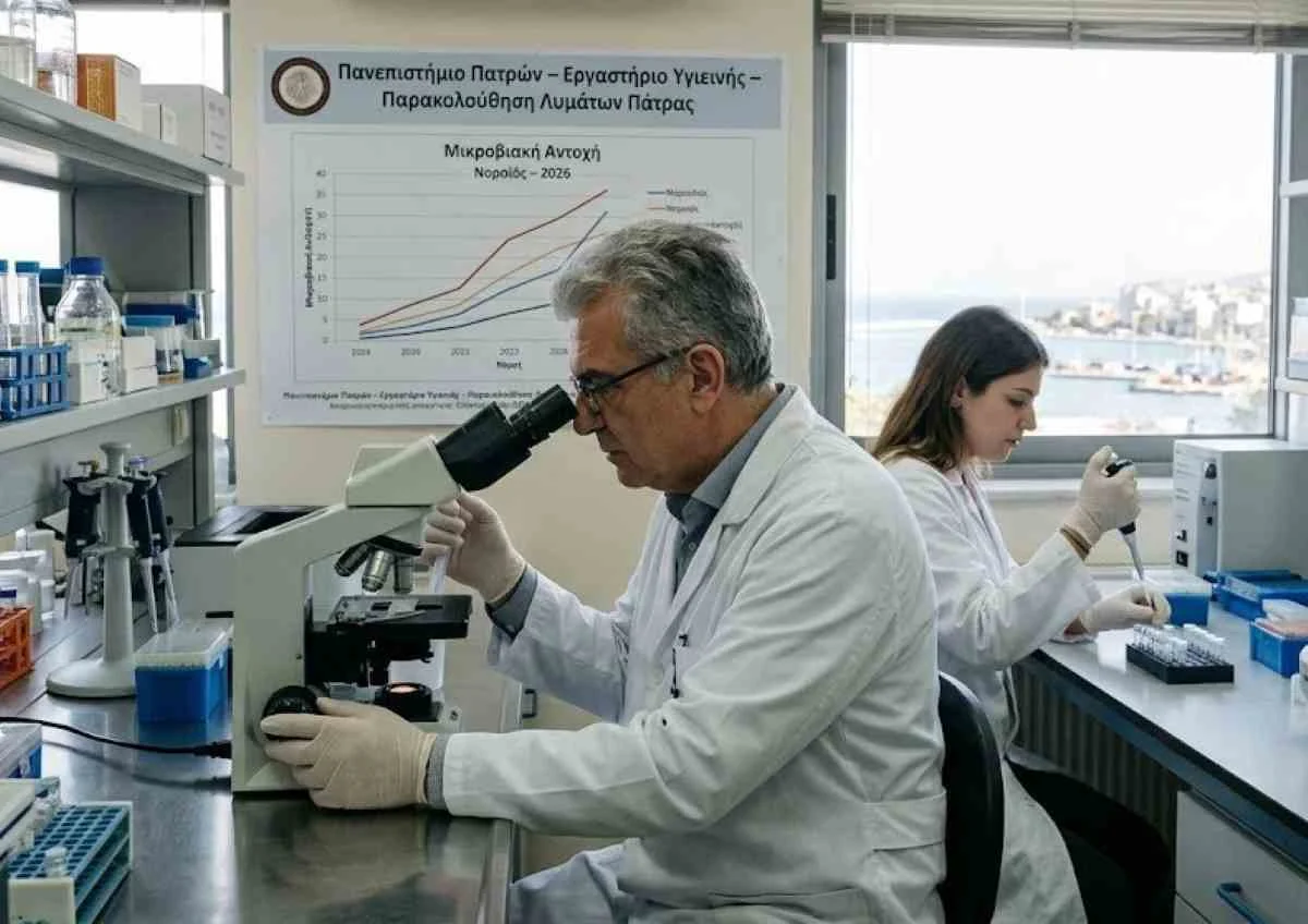 Επιστήμονες με λευκές ποδιές και γάντια εργάζονται σε εργαστήριο πάνω σε μικροσκόπιο και δοκιμαστικούς σωλήνες.
