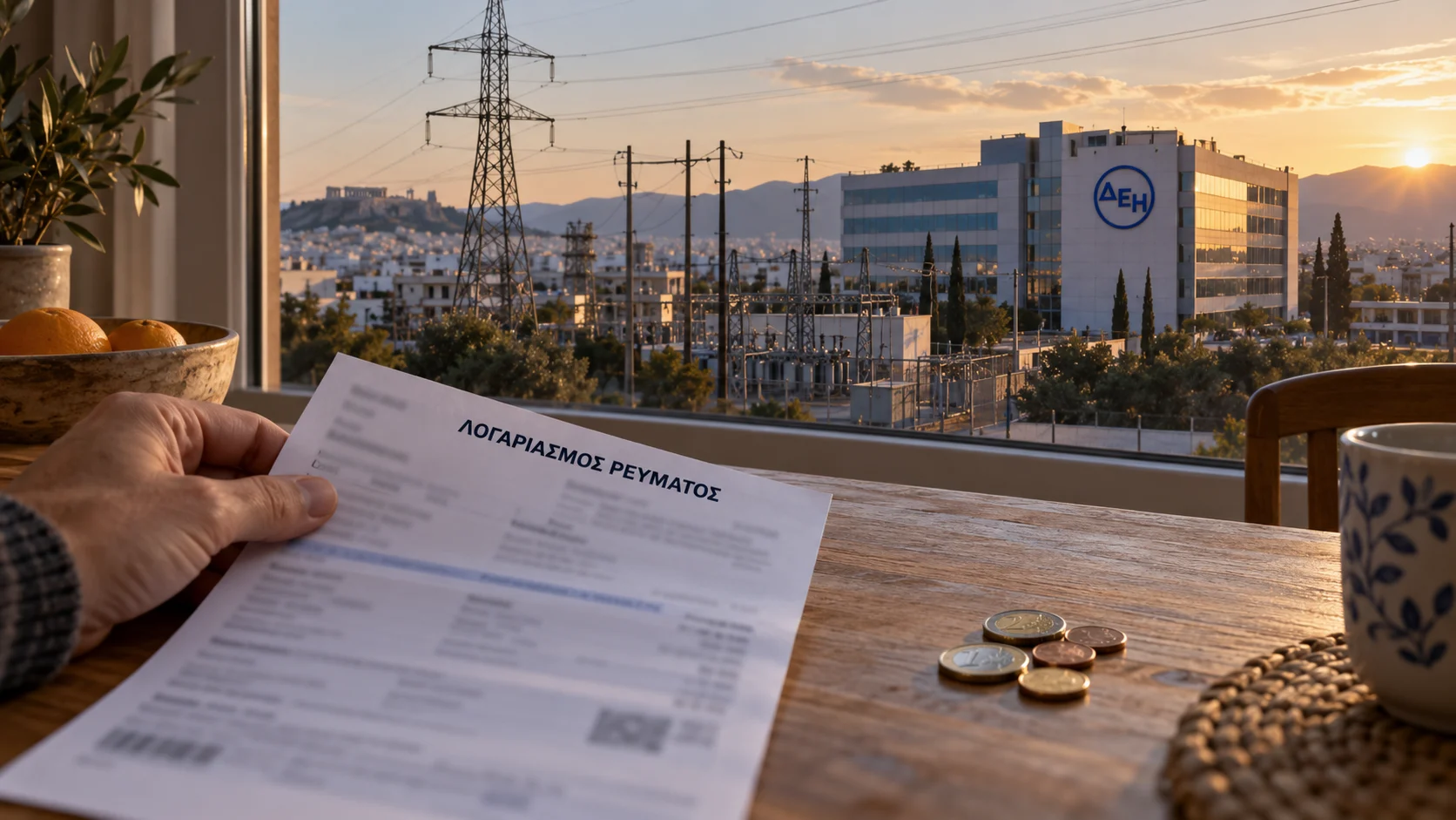 Χέρι κρατά λογαριασμό ρεύματος σε τραπέζι με κέρματα και φλιτζάνι, με θέα κτίριο με λογότυπο και πυλώνες ηλεκτρικής ενέργειας.