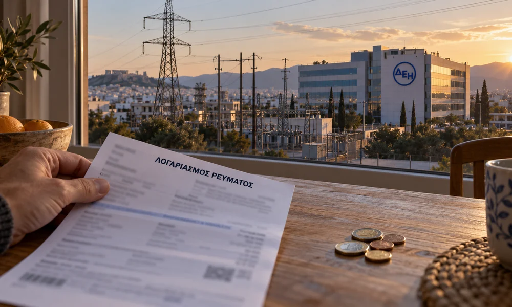 Χέρι κρατά λογαριασμό ρεύματος σε τραπέζι με κέρματα και φλιτζάνι, με θέα κτίριο με λογότυπο και πυλώνες ηλεκτρικής ενέργειας.