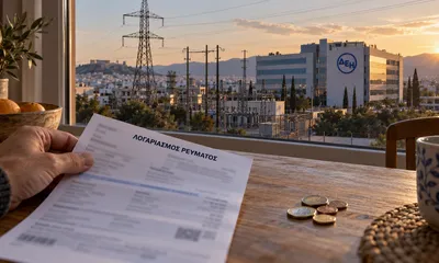 Χέρι κρατά λογαριασμό ρεύματος σε τραπέζι με κέρματα και φλιτζάνι, με θέα κτίριο με λογότυπο και πυλώνες ηλεκτρικής ενέργειας.