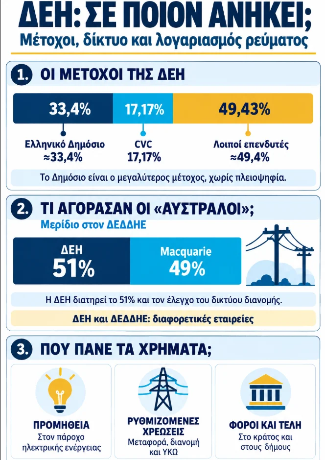 Infographic με τρεις ενότητες που δείχνουν τα ποσοστά μετόχων της ΔΕΗ, το μερίδιο στον ΔΕΔΔΗΕ και την κατανομή των χρημάτων στον λ