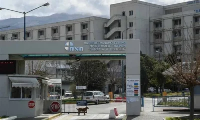 Εξωτερική άποψη κτιρίου νοσοκομείου με είσοδο, πινακίδα, αυτοκίνητα και σκύλο στον δρόμο