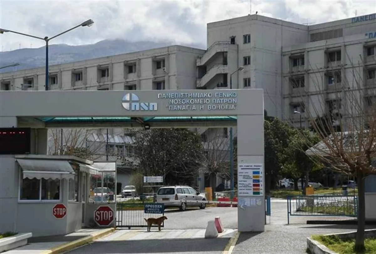 Εξωτερική άποψη κτιρίου νοσοκομείου με είσοδο, πινακίδα, αυτοκίνητα και σκύλο στον δρόμο