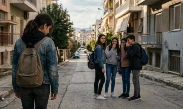 Νεαρή κοπέλα με σακίδδιο πλάτης περπατά μόνη της σε δρόμο, ενώ μια ομάδα τεσσάρων ατόμων στέκεται παραπέρα και ψιθυρίζει.
