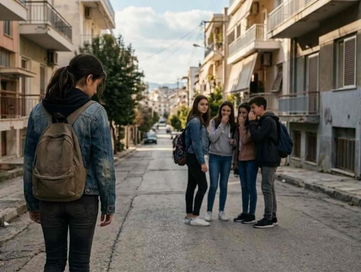 Νεαρή κοπέλα με σακίδδιο πλάτης περπατά μόνη της σε δρόμο, ενώ μια ομάδα τεσσάρων ατόμων στέκεται παραπέρα και ψιθυρίζει.
