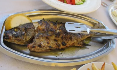 Ψητό ψάρι σε μεταλλική πιατέλα με λεμόνι, συνοδευόμενο από πατάτες τηγανητές και σαλάτα σε τραπέζι