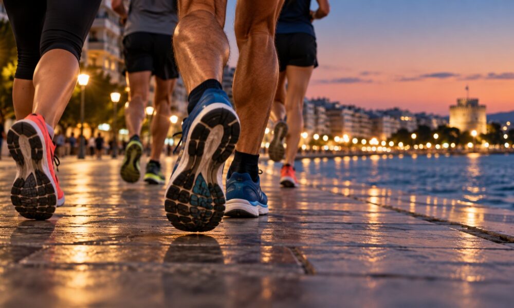 Ενδεικτική εικονογράφηση δρομέων σε παραλιακό δρόμο το σούρουπο